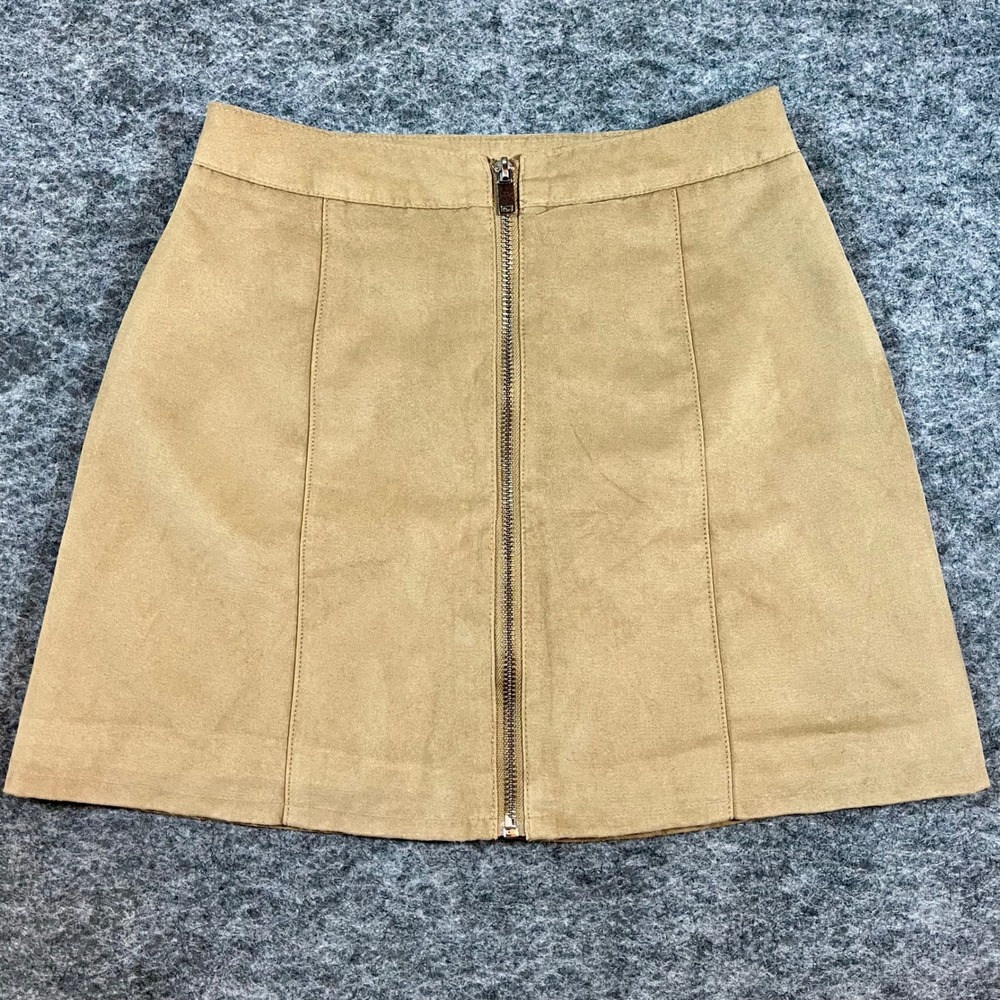H&M Divided Faux Suede Mini Skirt Womens‎ 2 Tan Brown Zip Front Boho Westtern